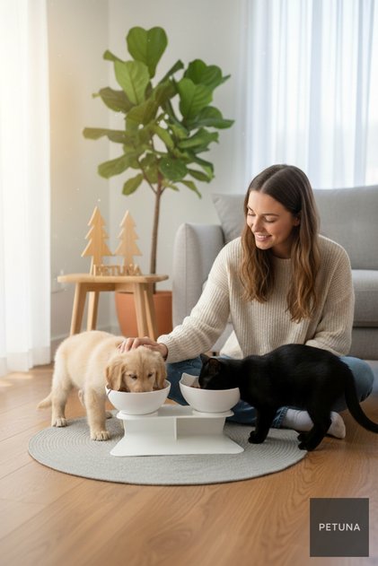 İki Hazneli Kedi Kafalı Beyaz Standlı Kedi Mama ve Su Kabı 350 ML