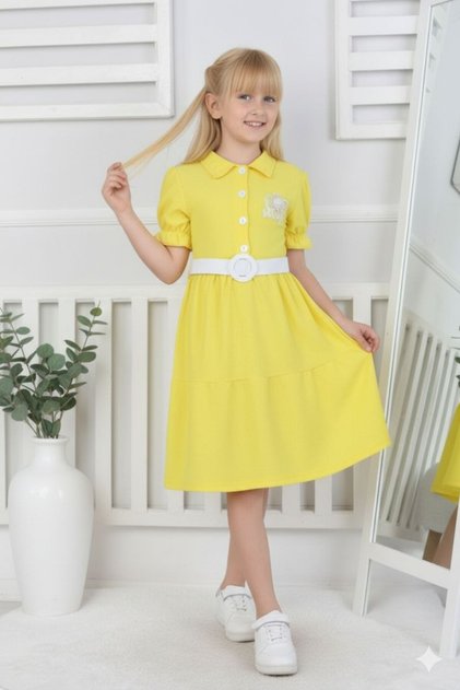 Belted Wrinkled Fabric Eid Children's Dress Aby226