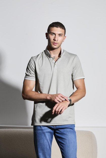 Men's Short Sleeve Loose Gray Linen Polo Neck T-Shirt