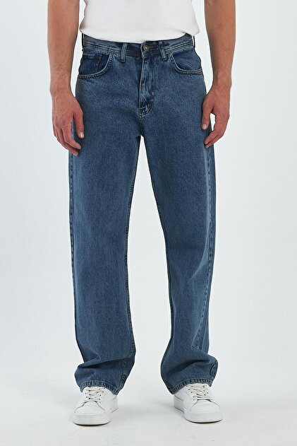 Erkek Oversize Bol Paça Yüksek Bel Mavi Baggy Kot Pantolon