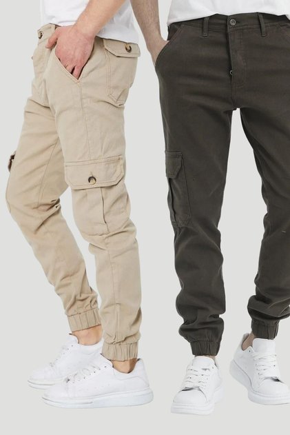 Men's 2 Pocket Elastic Leg Casual Daily Young Modern Cargo Pocket Trousers Stone And Khaki