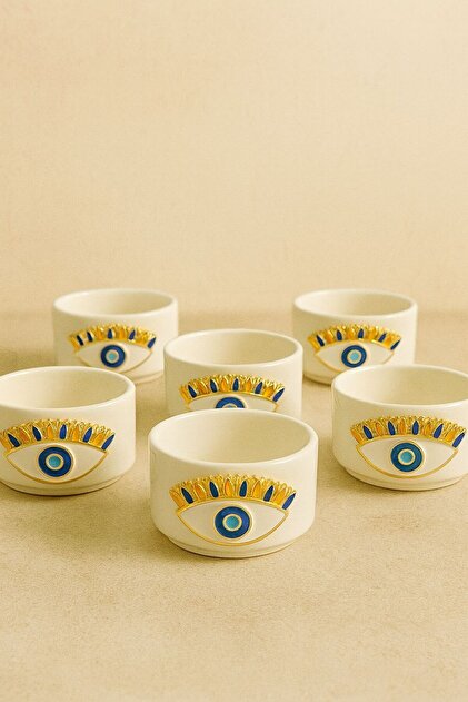 6-Piece White Porcelain Evil Eye Sauce Bowl Turkish Delight Bowl Presentation Bowl Mini Size
