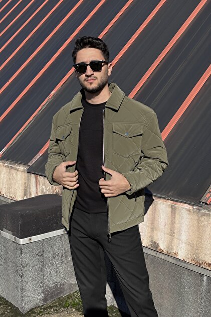 Gömlek yaka, oversize, çift cep kapaklı, baklava desenli kapitone ceket 2504