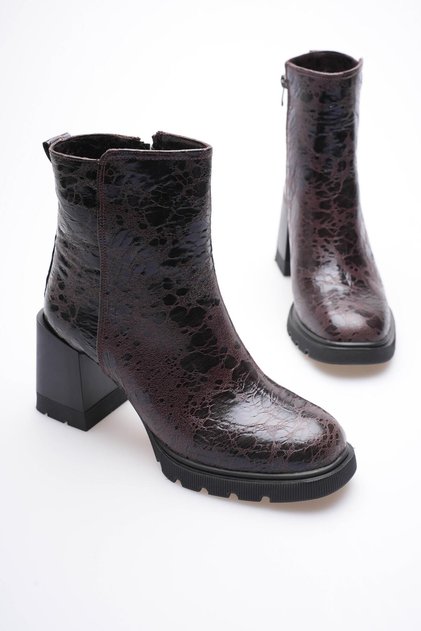 Women's Leather Boots Spotted Heeled Zippered Brown Arvenna