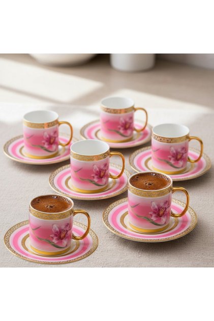 Tulip Pink Color Flower Figured Porcelain Coffee Cup Set for 6 People – 90 Ml.