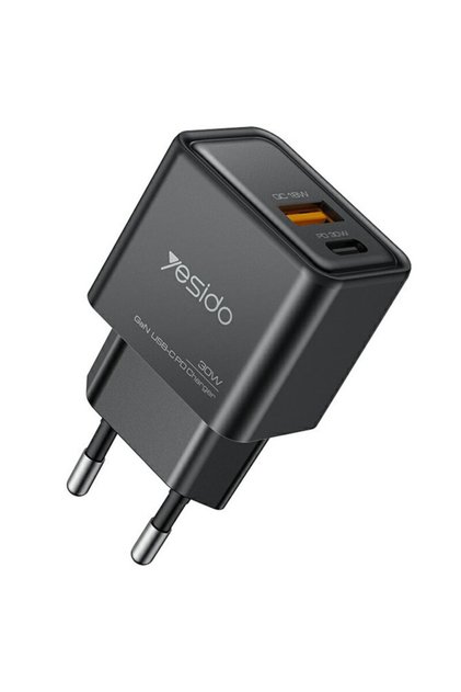 Φορτιστής τοίχου γρήγορης φόρτισης Type-C + USB-A YC64, μαύρος