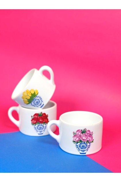 3’lü double fincan Blue Blanc ( Lale, pembe gül ve kırmızımız gül)