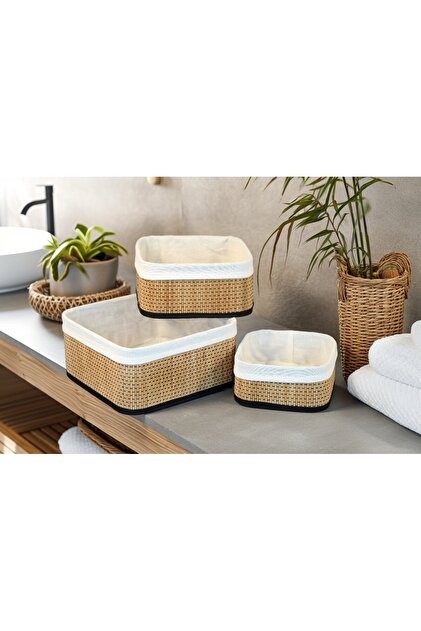 MD MİMOZA DEKOR Hasır 3'lü Kare Organizer Sepet / Düzenleyici