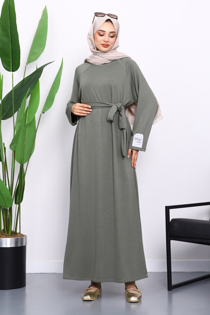 Khaki Sleeve Embroidered Raglan Sleeve Basic Modal Belted Dress