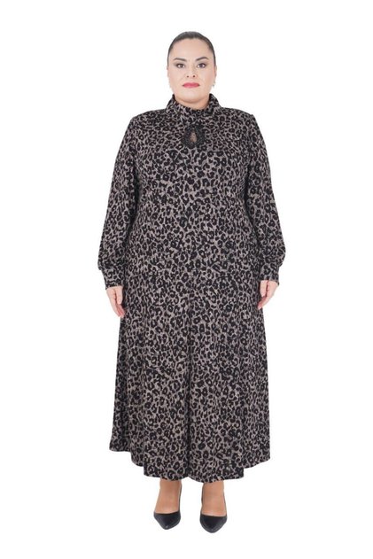 Plus Size Leopard Print Stone and Tulle Detailed Sleeves Oversized Long Viscose Dress