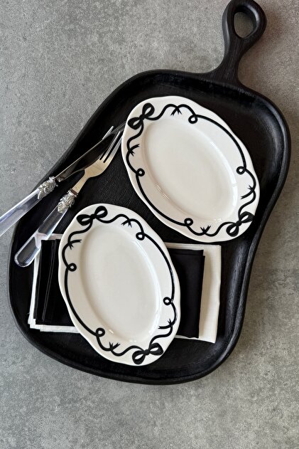 Bow-Shaped 2-Piece Set, 20 cm Small Size, Porcelain Black Classic Mezelik Boat-Shaped Plate with Ribbon Pattern (2 Pcs)