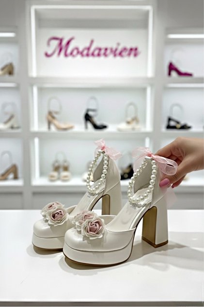 Women's 10 cm Platform Pink Rose Detailed Bridal Shoes