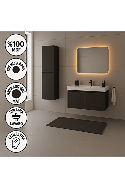 Banyo lavabo takımı 80 CM Lavabolu Antrasit gri Mdf, Işıklı Üst Aynalı, Yan Dolaplı
