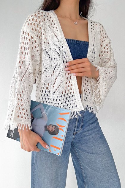Women's Leaf Patterned Tassel Knit Cardigan – Bohemian & Lightweight Style