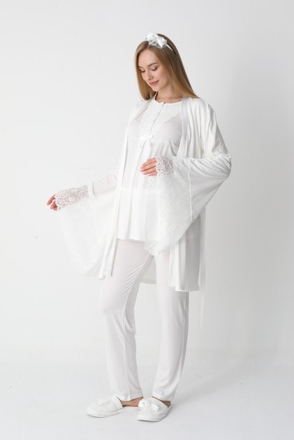 Women's Ecru Lace Detailed Special Design Long Sleeve Maternity Pajama Set 3-Piece Set