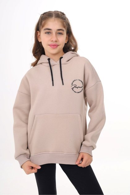 Beige Girl's Oversized Hooded Pocketed Off-Shoulder Printed Slit Sweatshirt