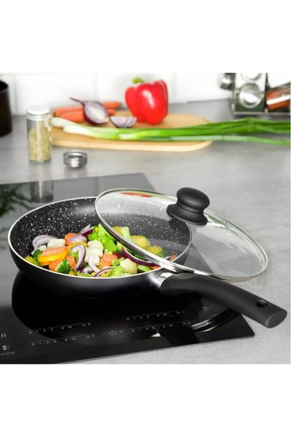 Tigaie din aluminiu cu capac, marmorata, 22 cm, negru,