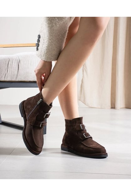 40236 Women's Bitter Brown Genuine Leather Suede Buckle Winter Non-Slip Zippered Daily Classic Boots Shoes
