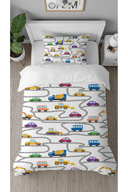 Car Tractor Scoop Road Patterned Digital Printed Specially Designed Stylish Children's Duvet Cover Set Without Sheets