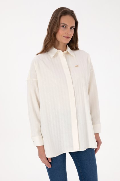 Kadın Krem Uzun Kollu Oversize Desenli Gömlek 50316422-VR256