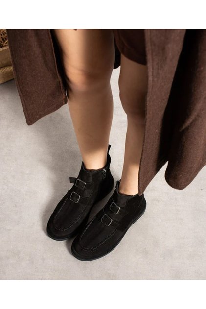 40236 Women's Black Genuine Leather Suede Buckle Comfortable Winter Non-Slip Zippered Daily Classic Boots