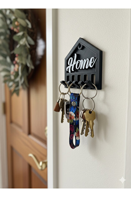 Home Yazılı Siyah Duvar Tipi Anahtarlık Askısı – Modern Anahtar Tutucu (5 Askılı)