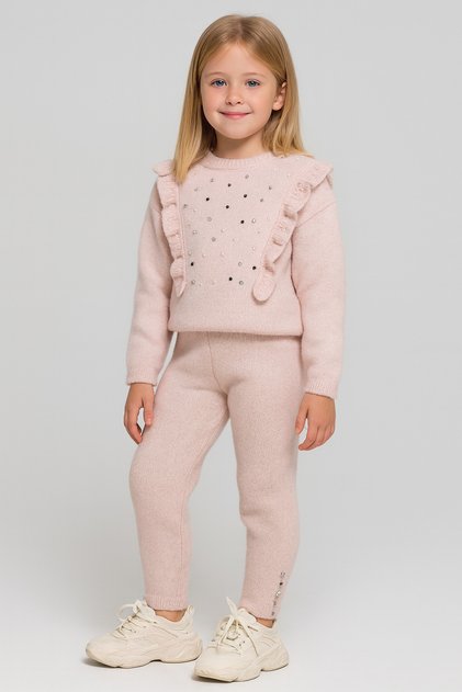 Girl's Powder Knitwear Ruffle Detailed Pants Set 6-9 Years Old