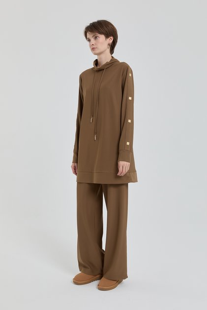 Parlak Taş Detaylı Örme Pantolon Tunik Takım Olive
