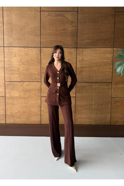 Buketli̇ Women's Fixed Belted Fixed Yellow Buttoned V-Neck Blouse and Elastic Waist Loose Trousers Two-Piece Bottom