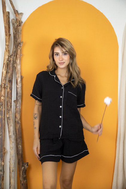 100% Cotton Muslin Women's Shorts Pajama & Home Wear Set – Black