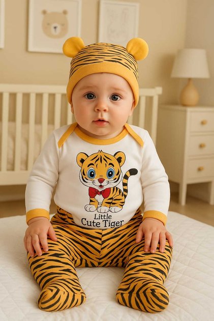 0-3. 3-6 Months Cute Animal Printed 100% Cotton Snap-Back Beret 3-Piece Set