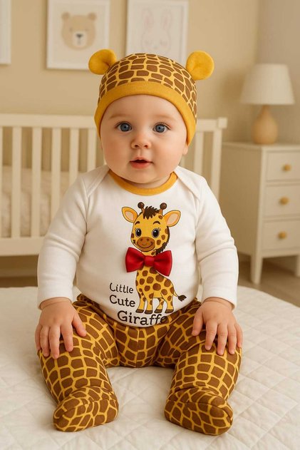 0-3. 3-6 Months Cute Animal Printed 100% Cotton Snapback Beanie 3-Piece Set