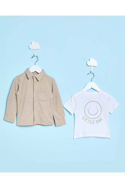 Infant Boys Beige And White Printed Shirt Set (2 Piece)