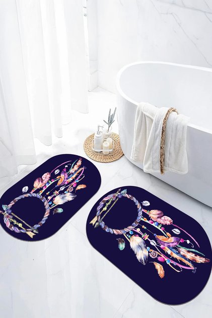 Digital Non-Slip Base Washable Colorful Feather Pattern Oval Bath Mat Toilet Set