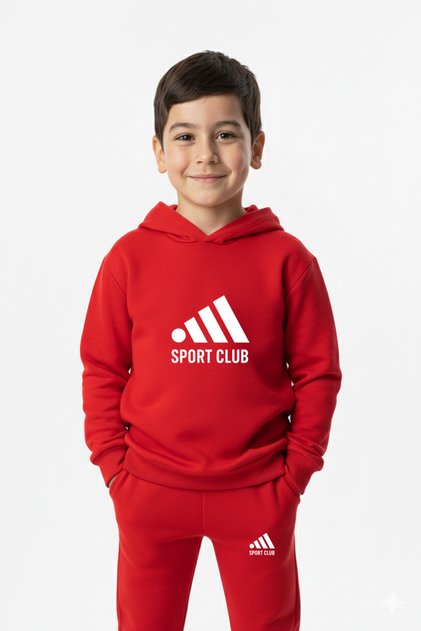 Sport Club Printed Premium Kids Hooded Premium Compact Sweatshirt Tracksuit with Pockets and Drawstring