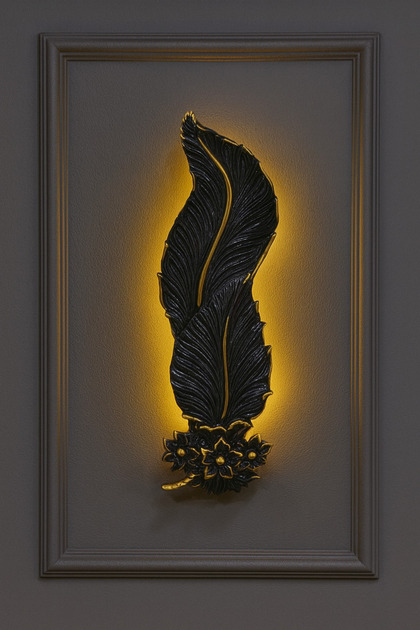Dekoratif Çiçekli Yaprak Aplik – Siyah Altın Detaylı (62x22 cm) pilli