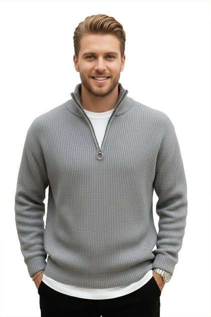 Men's Gray Half Zip Oversized Cut Knitwear Sweater – 100% Cotton Knit Sweater 2608511