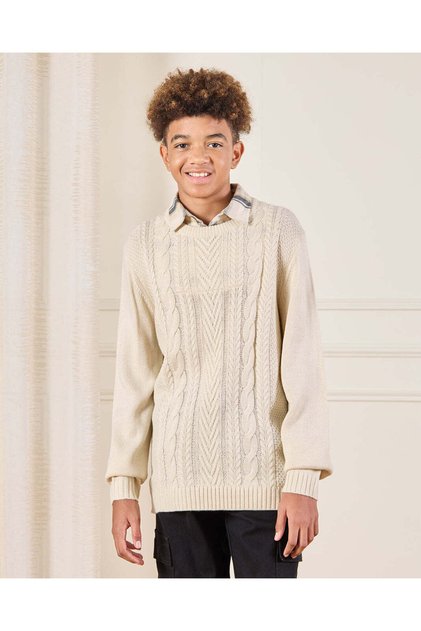 Senior Boys Beige Cable Knitted Collared Pullover