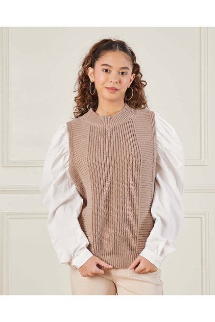 Senior Girls Beige And White Twofer Sweater