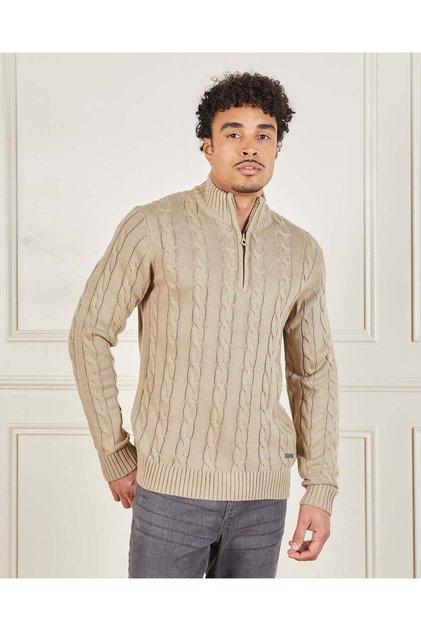 Men Ivory Zip Placket Cabel Knit Pullover