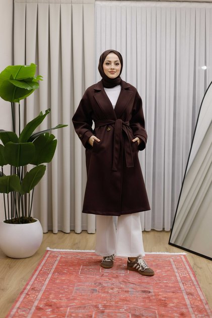 Women's Jacket Collar Double-Breasted Belted Cashmere Coat Premium - Brown