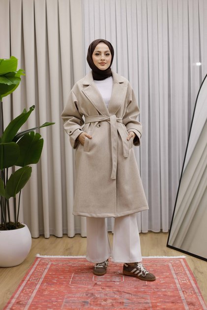 Women's Jacket Collar Double-Breasted Belted Cashmere Coat Premium - Beige