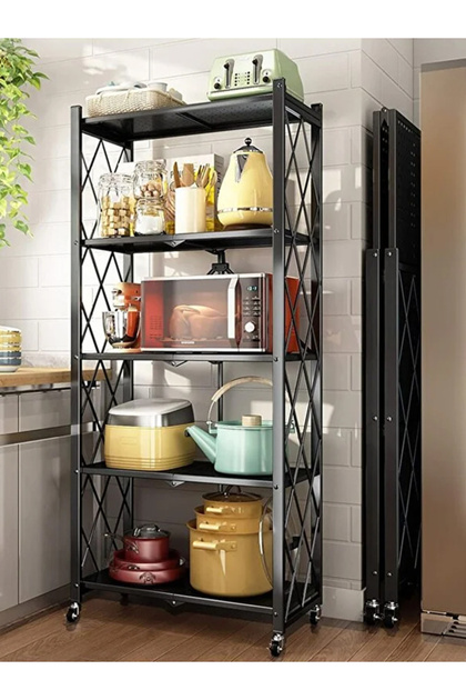 5 Tier Thickened Foldable Metal Storage Rack with Wheels,for Garage/Kitchen/Basement/Pantry ,Black