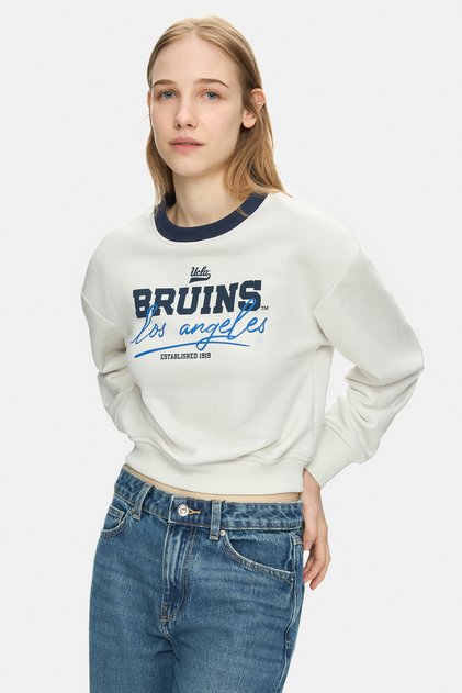 Mello Bone Color Crew Neck Crop Cotton Printed Loose Fit Women's Sweatshirt