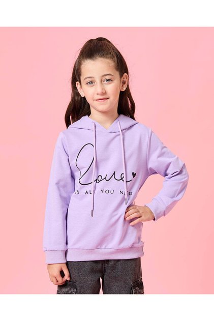 Girls Lilac Printed Hooded Sweatshirt