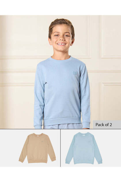 Boys Brown And Blue Solid Sweatshirt Set (Pack of 2)