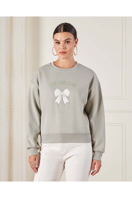 Women Green Ribbon Embroidered Sweatshirt