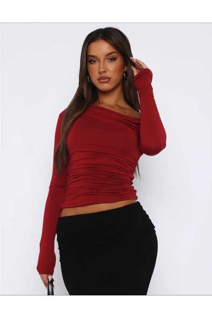 Dive Fabric, Open One-Shoulder Asymmetric Neckline with Ruched Detail, Long Sleeve Lycra Blouse