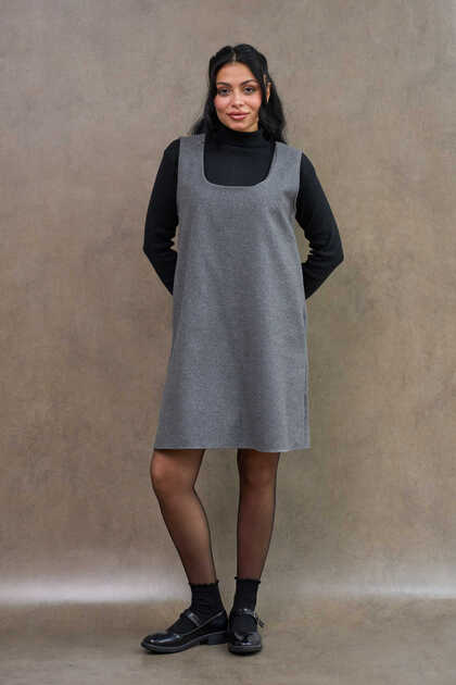 Anthracite Color Square Neck Short Cashmere Jile Dress