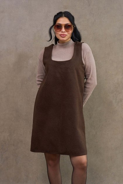 Bitter Brown Color Square Neck Short Cashmere Dress